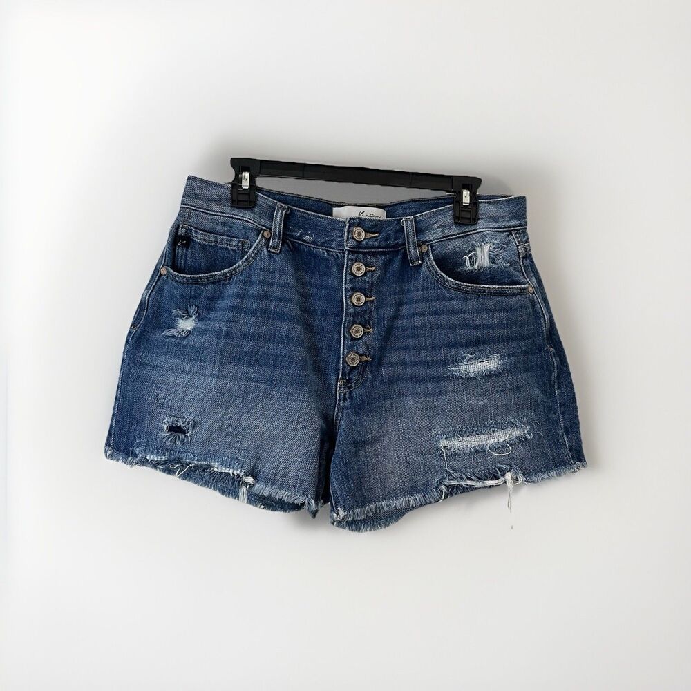 Kancan Estilo Jean Shorts Exposed Button Fly Distressed Dark Wash Size 13/30